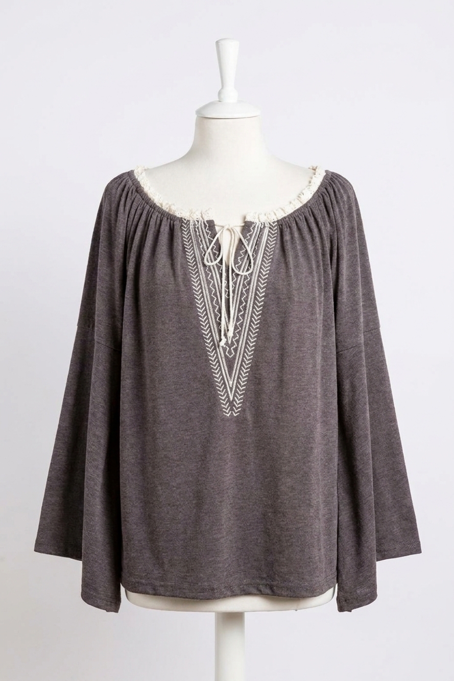 NEW KORI embroidered bell sleeve knit top in charcoal
